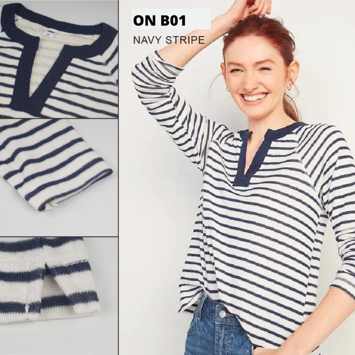 Gambar Kaos Lengan Panjang Wanita Branded / Kaos V neck Lengan Panjang Wanita - Navy stripe, XS dari BARIZCO undefined Tokopedia