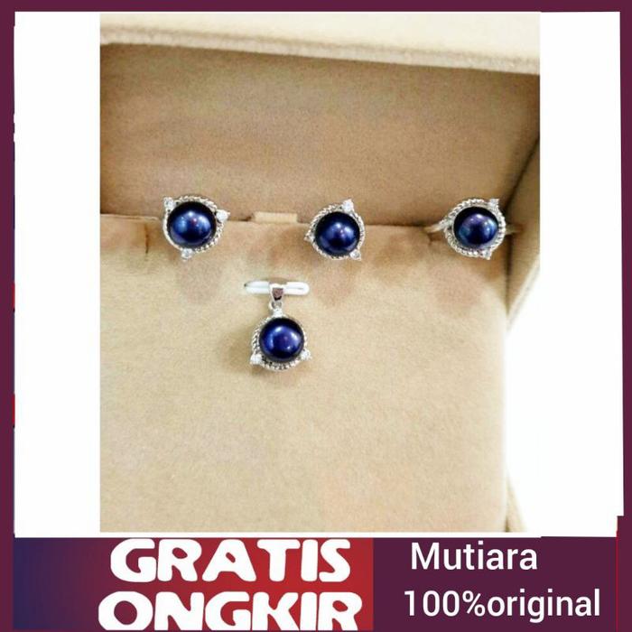 Gambar Set Kalung Anting Cincin Mutiara Lombok Asli Perhiasan Mutiara Biru - biru navy dari kilaumutiaralombok undefined Tokopedia