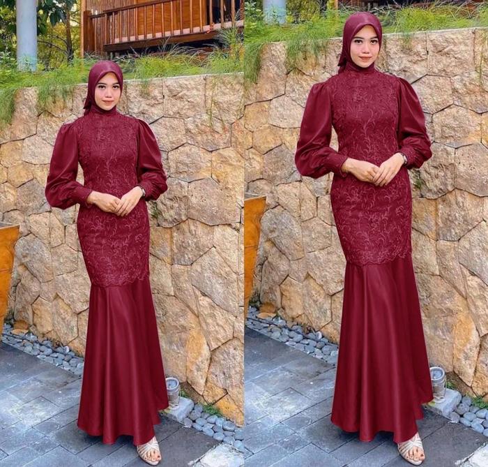 Gambar Maxi Dress Wanita Tile Mutiara Furing Baju Kondangan Modern Gaun Pesta - Maroon, L dari Victoria Grosir undefined Tokopedia