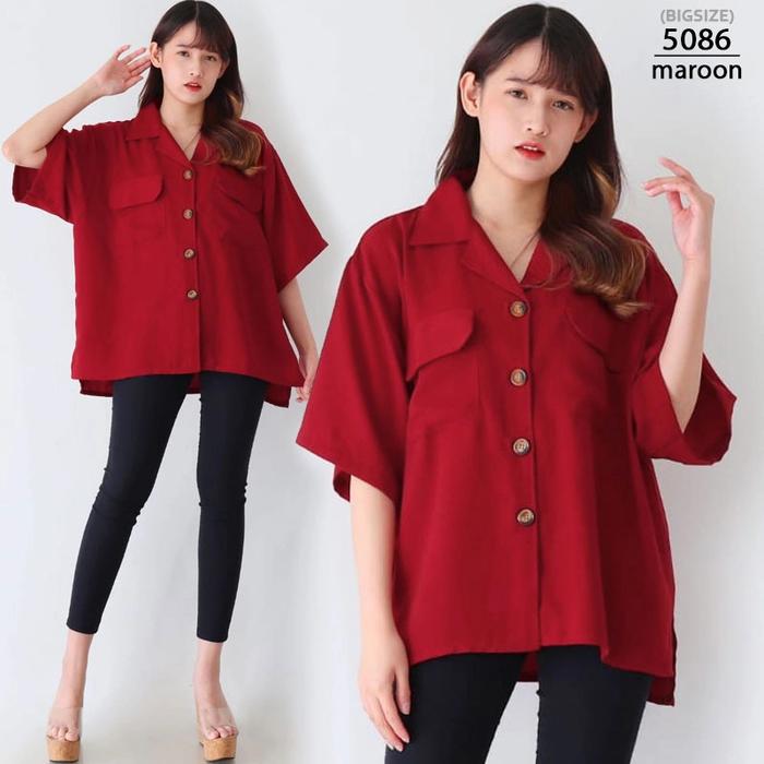 Gambar Kemeja Jumbo Wanita Lengan Pendek - Fashion Wanita - Maroon dari KATRIEL F.G undefined Tokopedia