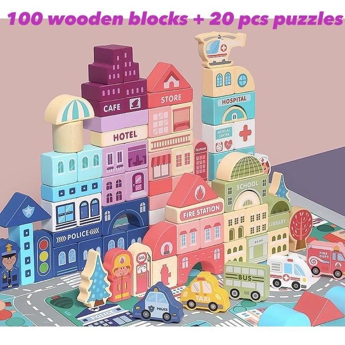 Gambar City Block Building Wooden 120 pcs mainan edukasi balok kayu susun - With Box dari petite.playland undefined 4 Tokopedia