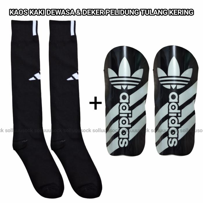 Kaos Kaki Bola Adidas Dewasa Dan Skin/Deker Pelindung Tulang Kering  Hitam