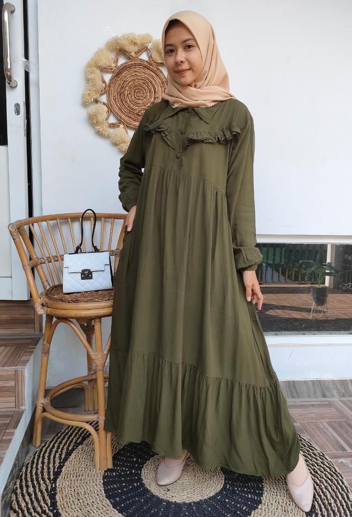 Gambar Riska Gamis Rayon Polos Semi Twill/ Riska Dress Rayon - Army, All Size dari syafa butiqe undefined Tokopedia
