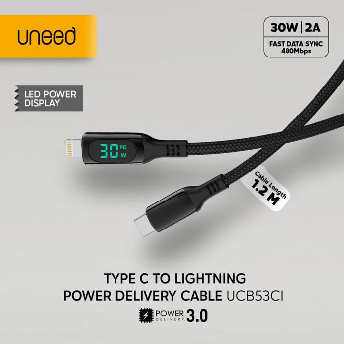 Gambar Uneed Cable Quick Charge 100W With Power Display Data Cable 1.2M UCB53 - USB-C to I dari specialdealshop undefined Tokopedia
