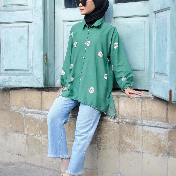 Gambar BAJU PAKAIAN FASHION ATASAN KEMEJA CEWEK WANITA PEREMPUAN POLKA SHIRT - Hijau dari dhiyalook undefined Tokopedia