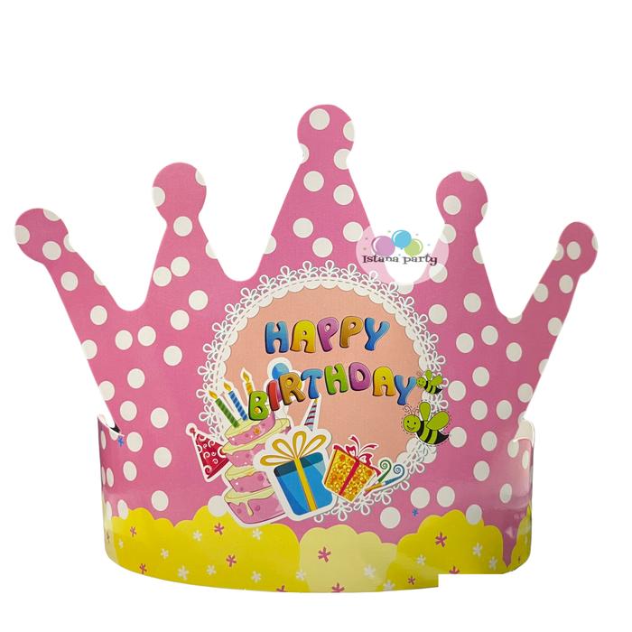 Gambar topi ulang tahun lingkar mahkota / topi happy birthday bentuk mahkota - polkadot pink dari Istanaparty undefined Tokopedia
