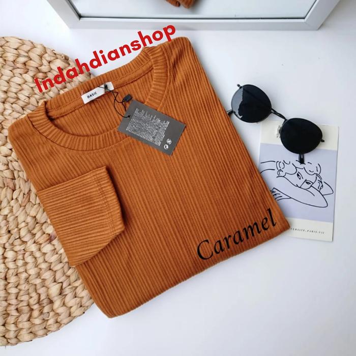 Gambar Kaos T-shirt Plisket Atasan Wanita Pria Lengan Panjang Nyaman - Caramel dari Indah Dian Shop undefined Tokopedia