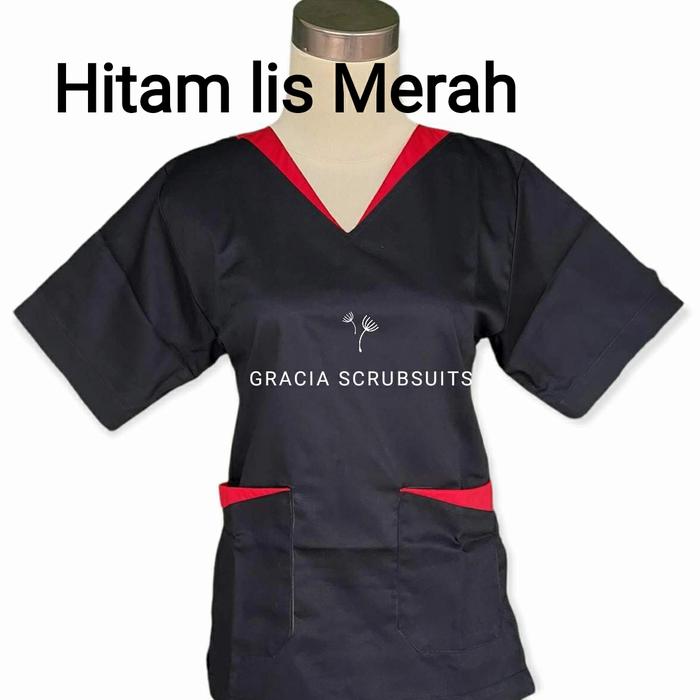 Gambar Scrub/baju oka/baju jaga dokter list warna (atasan saja S M L) - Hitam lis Merah, M pendek dari Gracia Scrubsuits Malang undefined Tokopedia