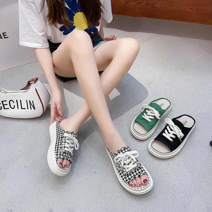 Sn01 Sepatu half sneakers tali wanita BLACK, 36