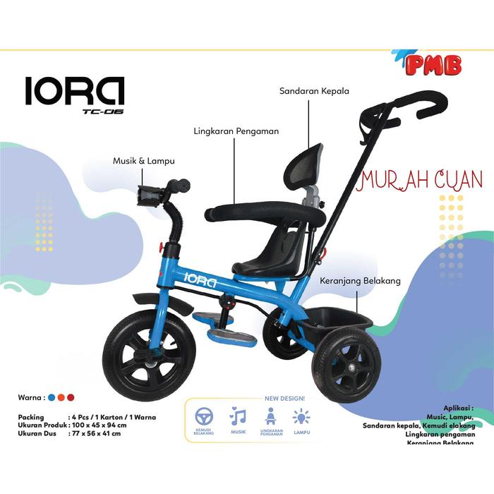 Gambar Sepeda Roda Tiga Anak PMB IORA TC 06 Baby Tricycle Dorong Gowes Bayi - Biru, Kardus+Bubble dari MurahcuanBike undefined Tokopedia