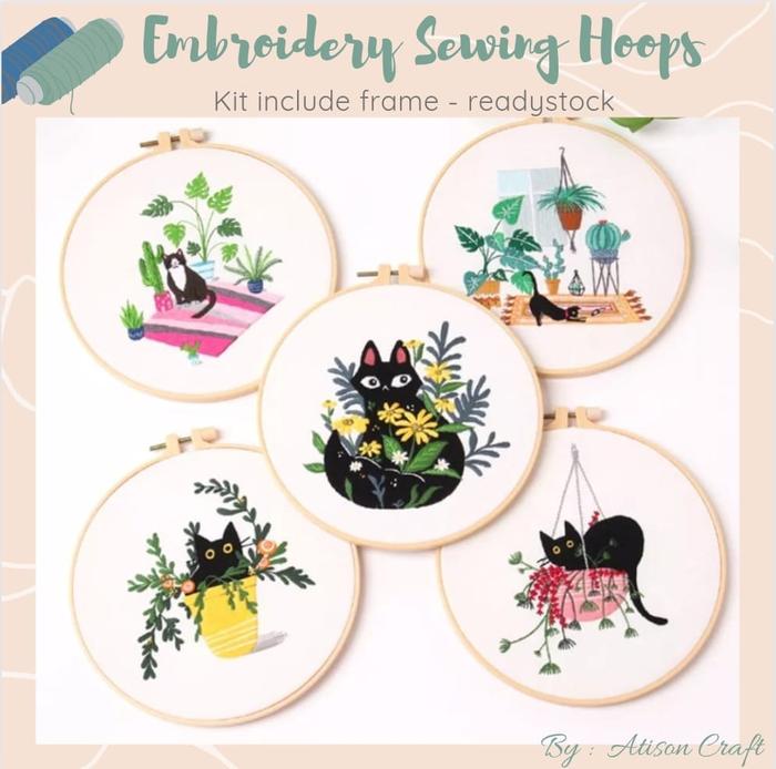 Gambar embroidery kit hoop sulam bordir kristik jahit diy / cat lover green - RANDOM dari Atison undefined Tokopedia