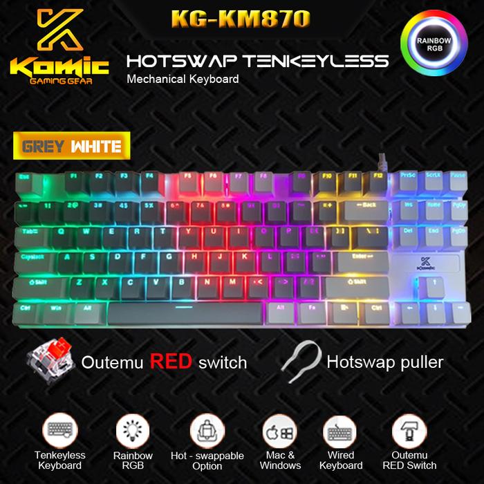Gambar Keyboard Gaming Mechanical Hotswap Komic KG-KM870 TKL  - NEW RED Switch Outemu - Hotswap Keyboard - Rainbow RGB LED - Macro Software - Free 4 Switch with Tool Kit Puller - 87 keys - 6 colors multiple brightness level - Anti ghosting Keyboard GREEN WHITE - Grey White dari SET Gaming Gear Official undefined Tokopedia
