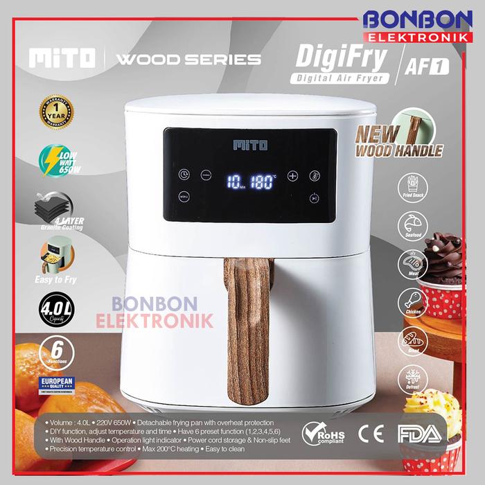 Gambar MITO AF1 + Wood Handle Digital Air Fryer 4L / DigiFry 4 Liter Low Watt - Putih dari Bonbon Elektronik_NEW undefined Tokopedia