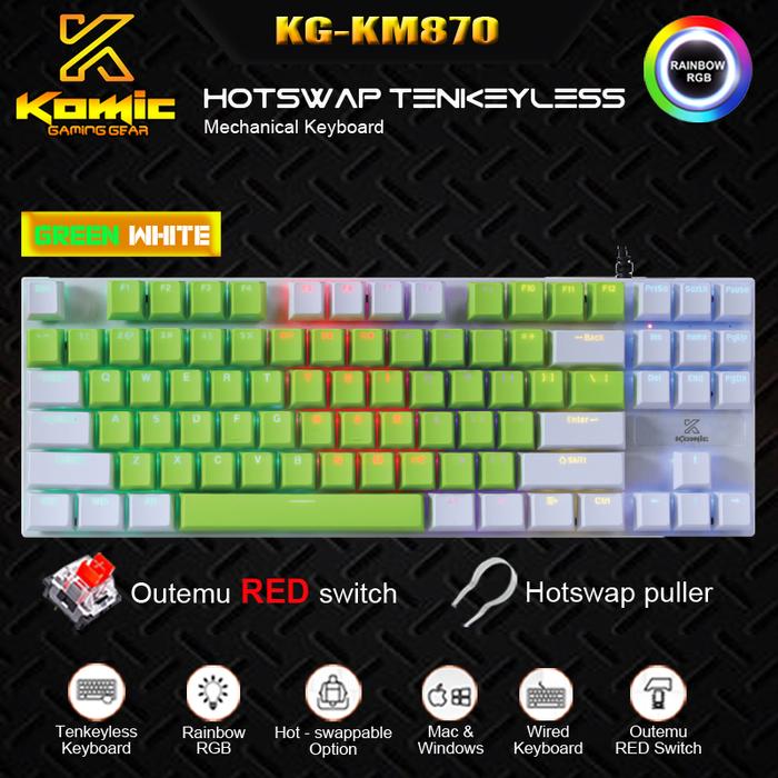 Gambar Keyboard Gaming Mechanical Hotswap Komic KG-KM870 TKL  - NEW RED Switch Outemu - Hotswap Keyboard - Rainbow RGB LED - Macro Software - Free 4 Switch with Tool Kit Puller - 87 keys - 6 colors multiple brightness level - Anti ghosting Keyboard GREEN WHITE - Green White dari SET Gaming Gear Official undefined Tokopedia