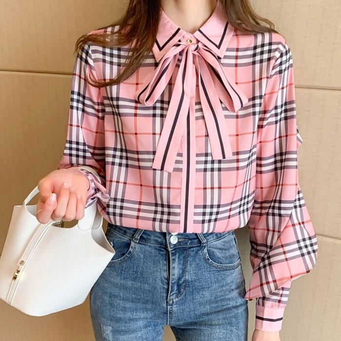 Gambar Kemeja BERTANIA Import/Atasan Check Detachable Tie-Neck Import Baru - Pink dari Dewi Id undefined Tokopedia