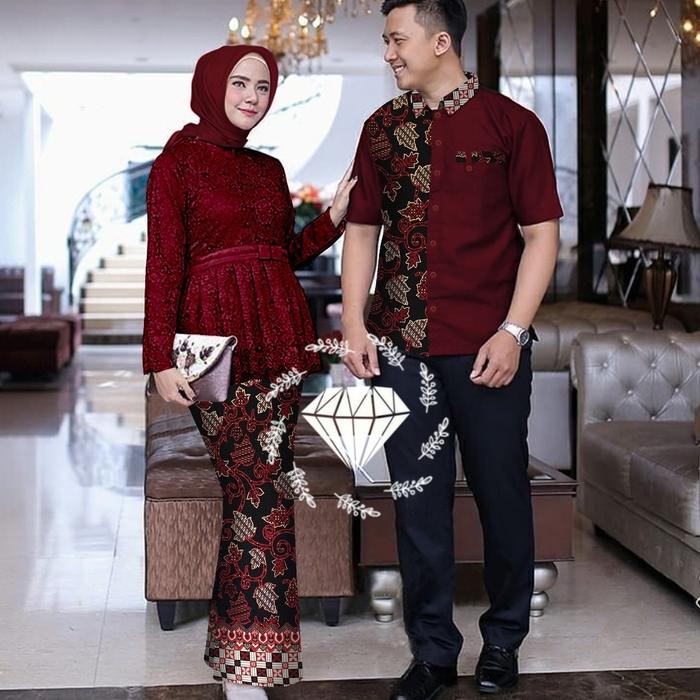 Gambar Couple Sherina Kebaya Batik Baju Pasangan Suami Istri Bahan brukat - maroon dari Birulaut-shop undefined Tokopedia
