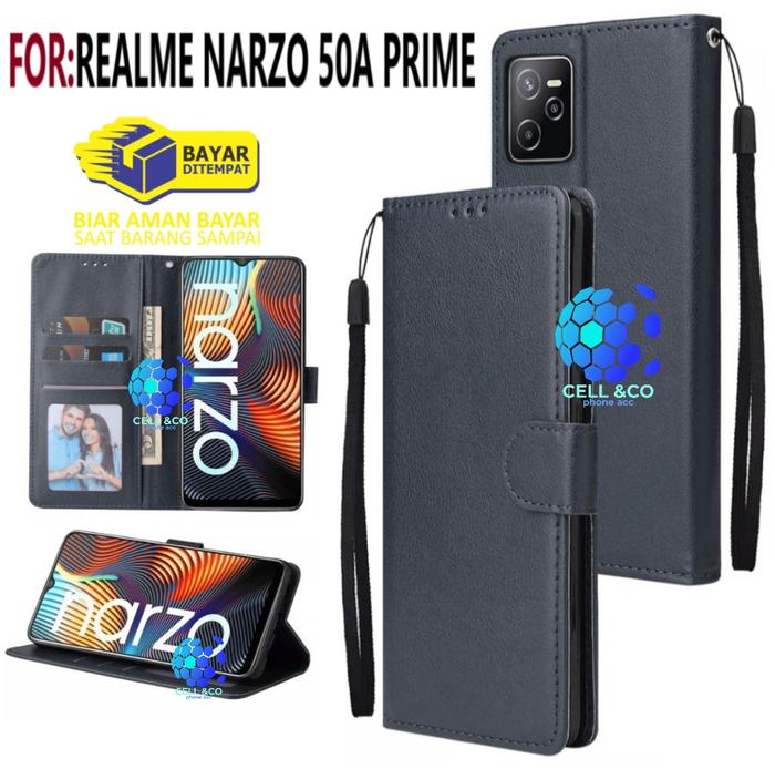 Flip Cover NEW REALME NARZO 50A PRIME Premium Leather Wallet Flip Case  Biru Navy