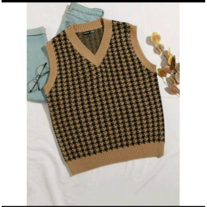 FX SHOP JENNIE VEST RAJUT HOUNDSTOOTH PREMIUM ROMPI RAJUT MOCCA