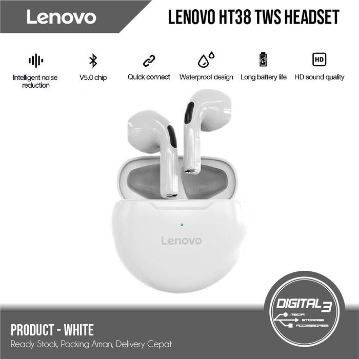 Gambar Earphone Wireless TWS Lenovo HT38 Bluetooth 5.0 Headset Earbuds Bass - Putih dari Digital 3 undefined Tokopedia