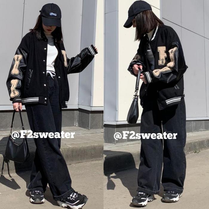 Gambar The Bone Jaket Baseball Varsity Wanita Pria Jacket Bomber Korean Style - Hitam, B Varsity dari F2.Sweater undefined Tokopedia