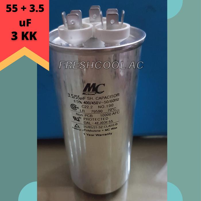 Gambar KAPASITOR AC / CAPACITOR AC ( MERK MC) 3.5/55 uF 55/3,5 MIKRO 3 KAKI dari Freshcool AC undefined Tokopedia