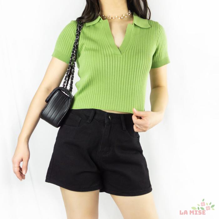 Gambar Hyuna Top La Mise / atasan crop top wanita knit rajut - Moss Green dari la mise undefined Tokopedia