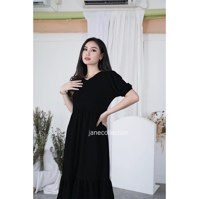 Gambar All Midi Dress Wanita Hitam Katun Lengan Balon Mila Layer Dress - Hitam dari Jane Collection undefined Tokopedia