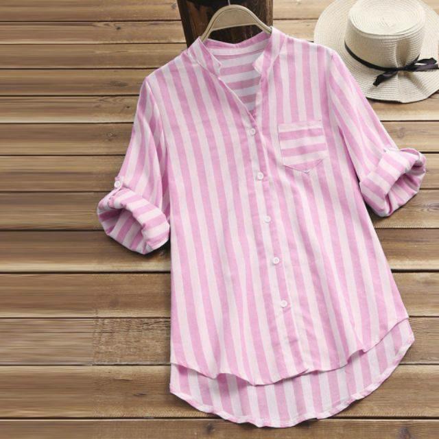 Gambar KEMEJA WANITA FASHION LENGAN PANJANG MOTIF SALUR - 8555 VNECK - PINK, XL dari EmiliaTshop undefined Tokopedia