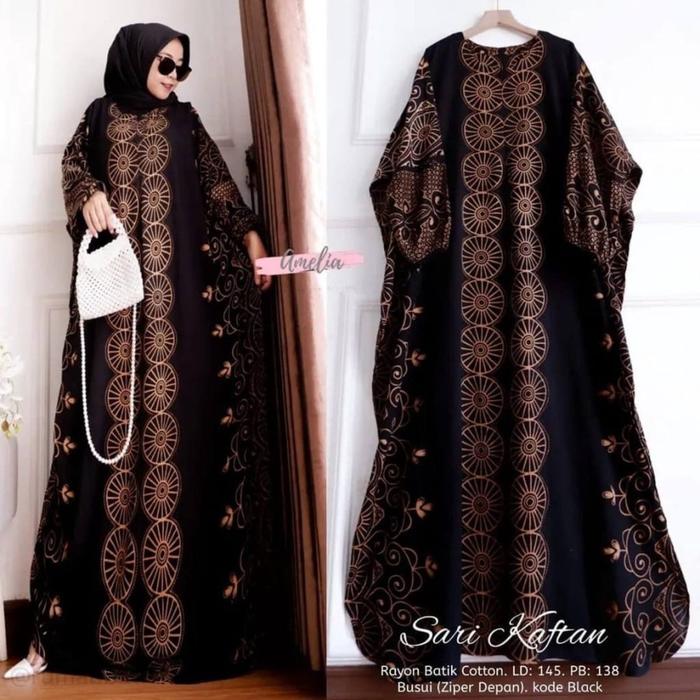 Gambar Kaftan Motif Sari Arabia / Kaftan Rayon Super jumbo/Gamis Kaftan Jumbo - Hitam, All Size dari Gallery Kantiz undefined Tokopedia