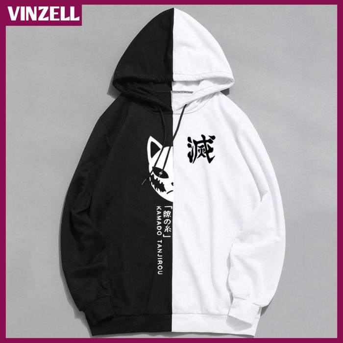 Gambar Jaket hoodie big size all size Demon Slayer Two Tone Fox Mask Hoodie - hitam+putih, XL dari VINZELL undefined Tokopedia