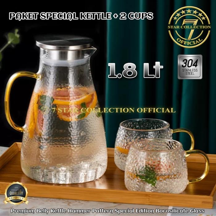Gambar Teko Minuman Premium Belly Kettle Hammer Pattern Special Edition Borosilicate Glass - KETTLE + 2 CUPS dari 7StarCollectionOfficial undefined Tokopedia