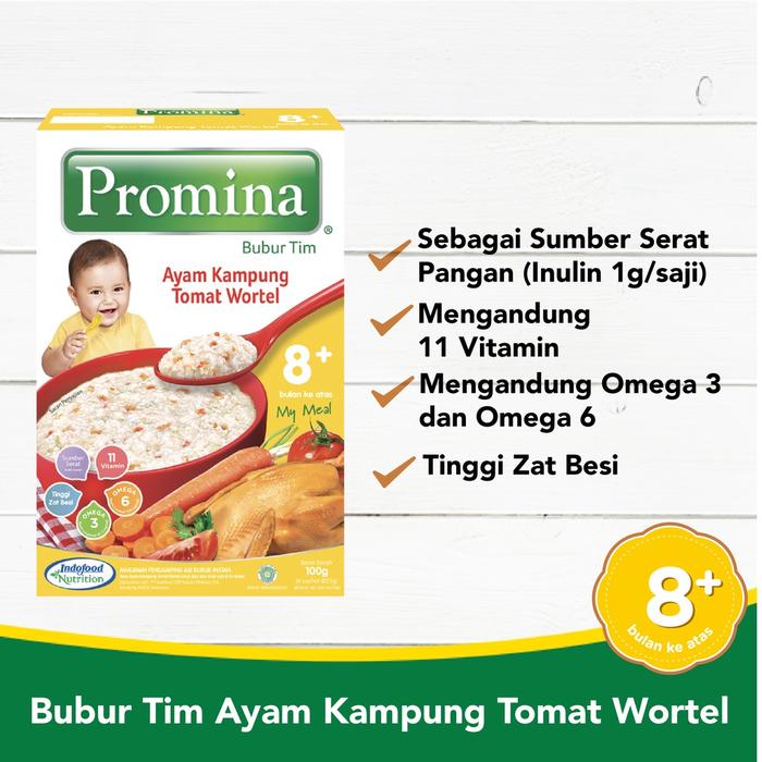 Gambar PROMINA 8+ BUBUR AYAM KAMPUNG TOMAT WORTEL 100 GR dari Btj susu & popok undefined Tokopedia