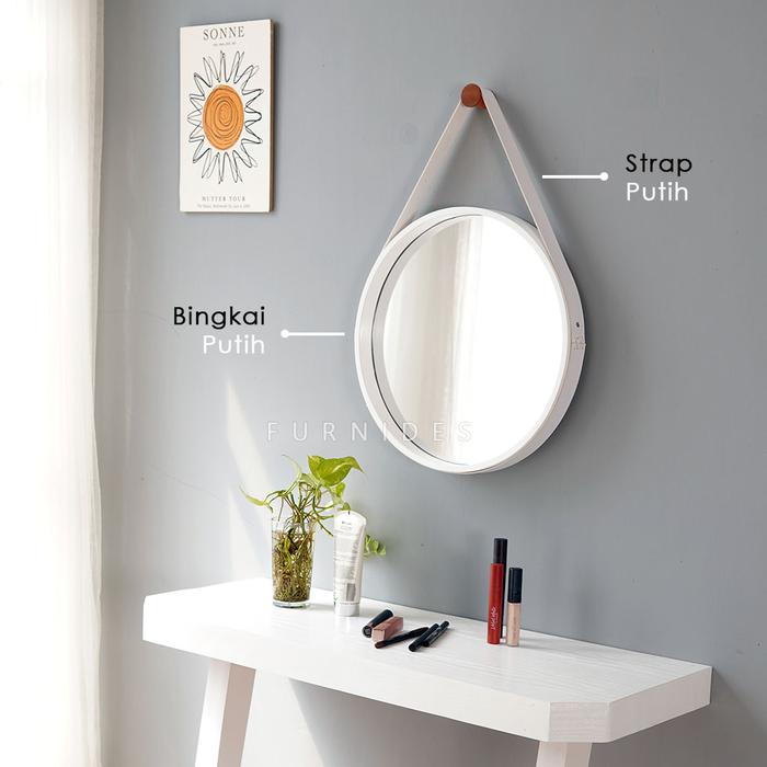 Gambar Cermin Bulat Diameter 37 cm | Model Gantung | Bingkai Motif Kayu - Strap, Putih dari FURNIDES undefined Tokopedia