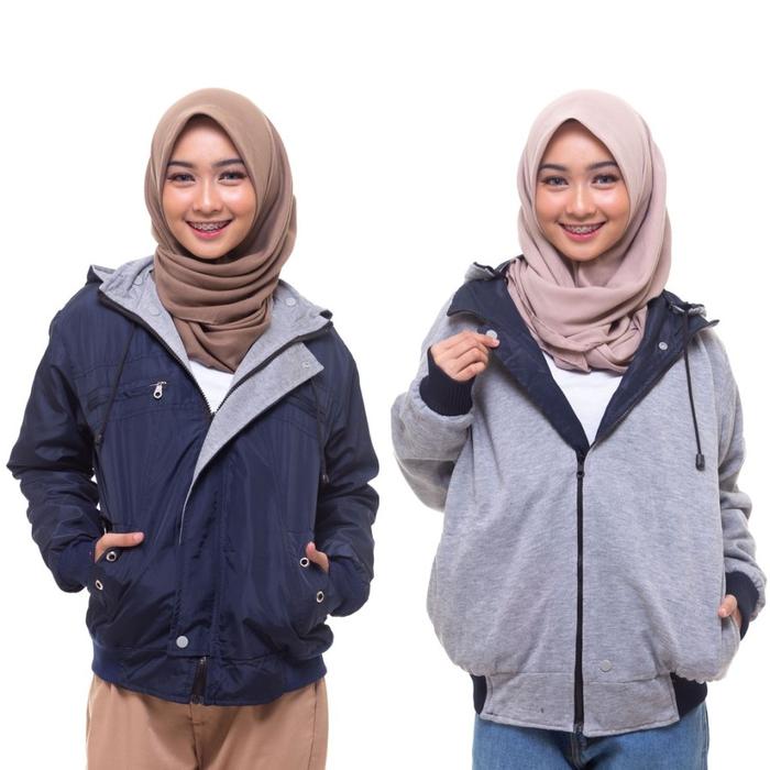 Gambar Jaket Wanita Bolak Balik Jaket Parka Parasut Anti Air Jaket Windproof - NAVY, L dari JUNIPERBOI undefined Tokopedia