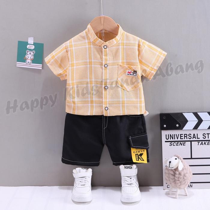 Gambar SETELAN BAJU KEMEJA KOKO ANAK BAYI LAKI LAKI LENGAN PENDEK IMPORT - PKJ096-KUNING, M dari Happy Kids Tanah Abang undefined Tokopedia