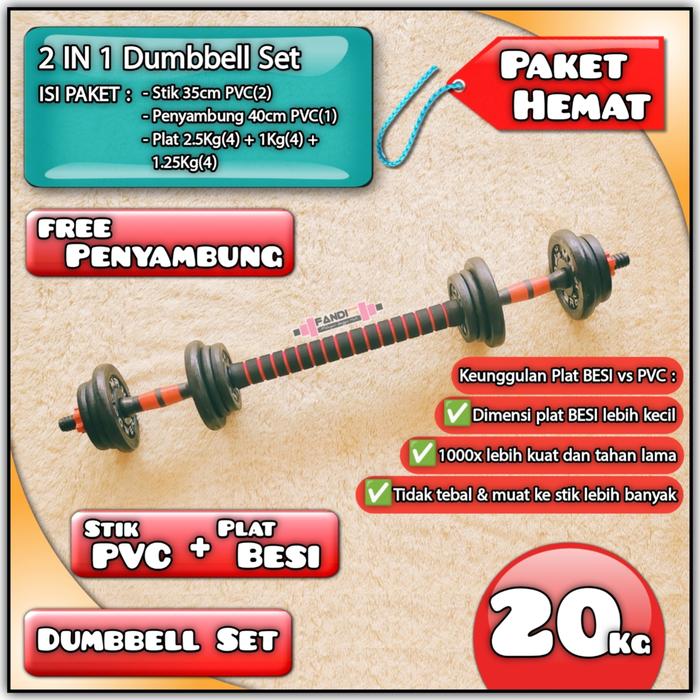 Jual barbel dumbell set 20kg - dumble 20kg - 2 in 1 barbel - stik PVC ...