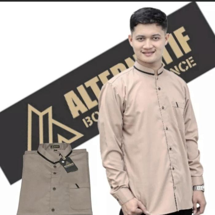 Gambar Baju kemeja koko lengan panjang saku bobok dan tempel kerah bulat - coksu, L dari Gudang Kemeja grt undefined Tokopedia