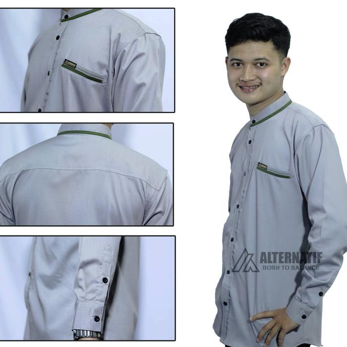 Gambar Baju kemeja koko lengan panjang saku bobok dan tempel kerah bulat - Abu-abu, XXL dari Gudang Kemeja grt undefined Tokopedia