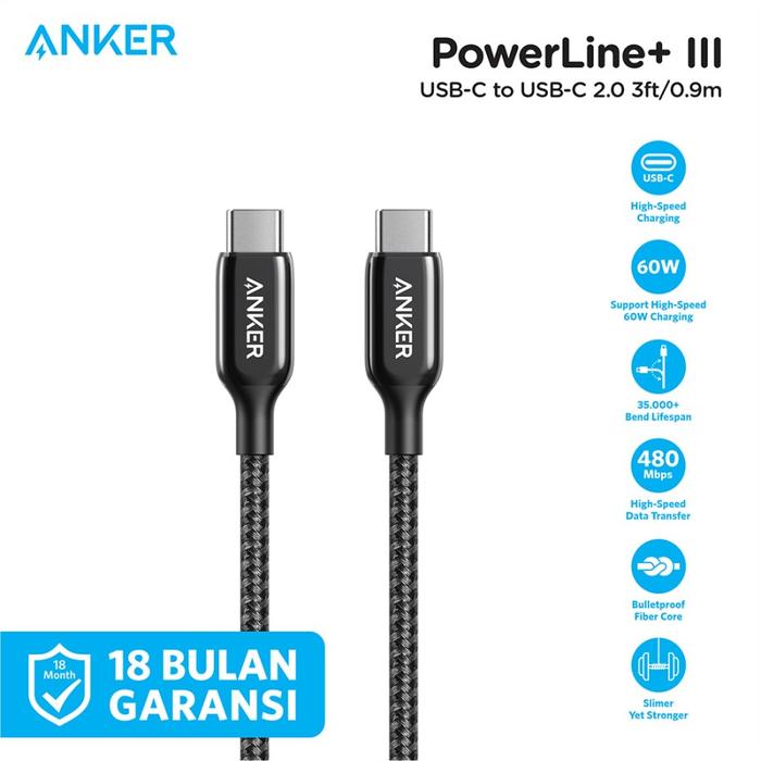 Gambar Kabel Charger Anker Powerline + III C to C 2.0 3ft - A8862 - Black dari Anker Official Bangka Belitung undefined Tokopedia