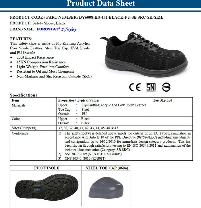 Gambar SAFETY SHOES UPPER FABRICS / DY6008-HS-452-COLOR-PU-SB- SRC -SK-SIZE - Hitam, 38 dari Mitra Industri Global undefined Tokopedia