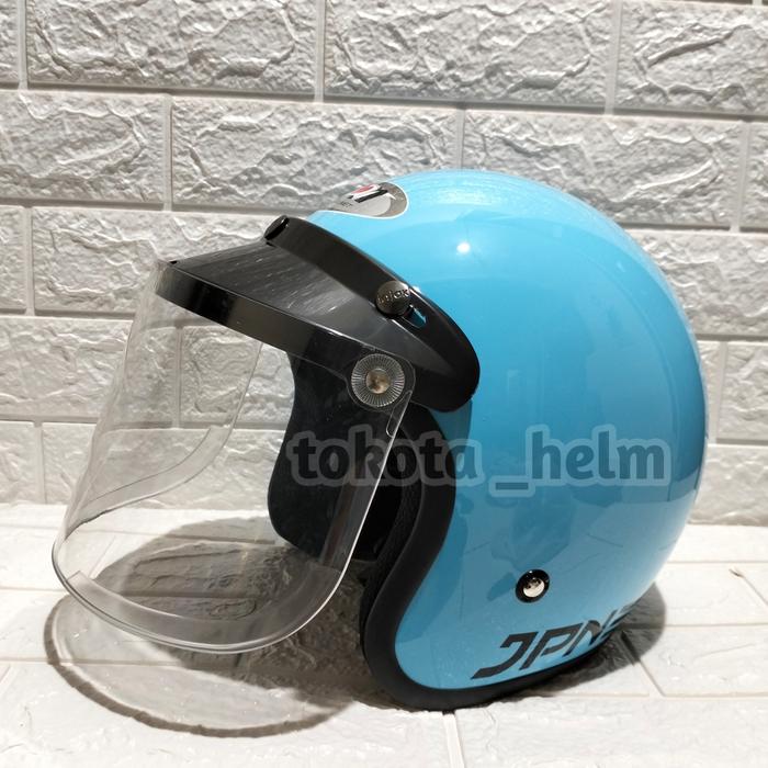 Gambar HELM BOGO RETRO DEWASA MERK JPN ARC ORIGINAL WARNA BIRU PASTEL GLOSSY - kc datar clear, XL dari tokota helm undefined Tokopedia