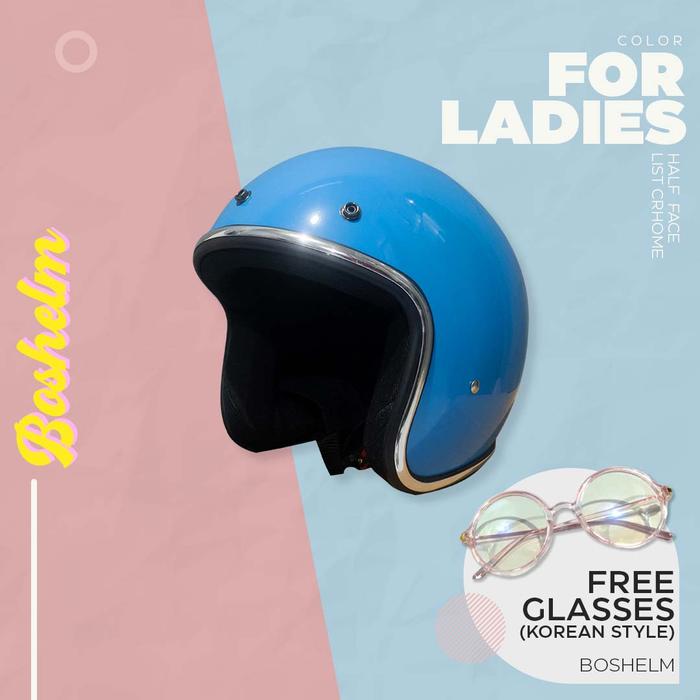 Gambar Helm Retro Wanita List Chrome Ungu Lilac Helm Basic Chrome Helm Half - OLD SCHOOL BLUE dari BOSHELM undefined Tokopedia