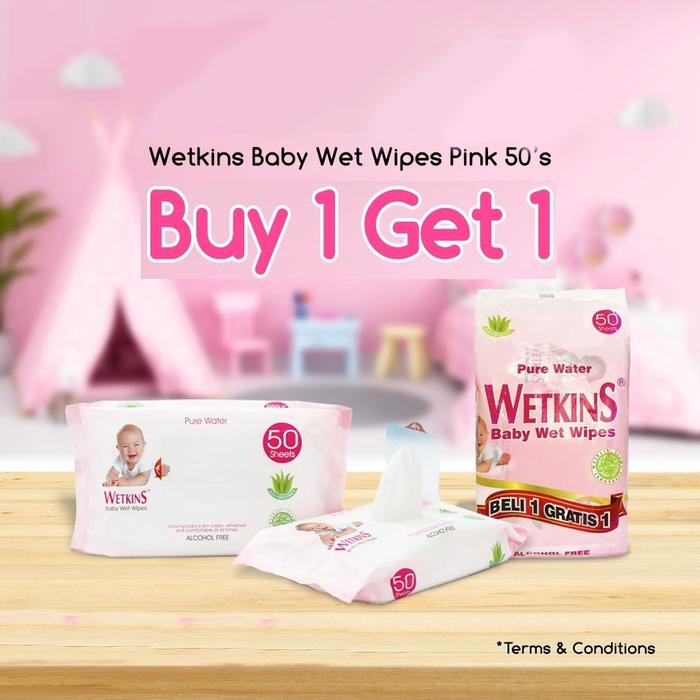 Gambar BUY 1 GET 1 TISSUE BASAH WETKINS BABY 50 SHEETS [SANTUNKU] - Merah Muda dari santunku undefined Tokopedia