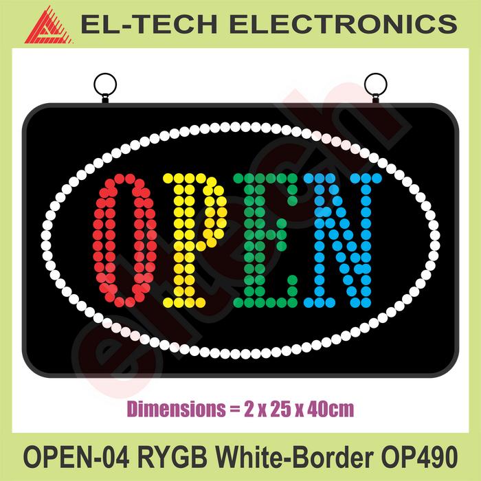 Gambar LED Logo Sign Board Tanda Buka OPEN-4 Merah Kuning Hijau Biru Putih BW - OP490 dari ELTECH online undefined Tokopedia