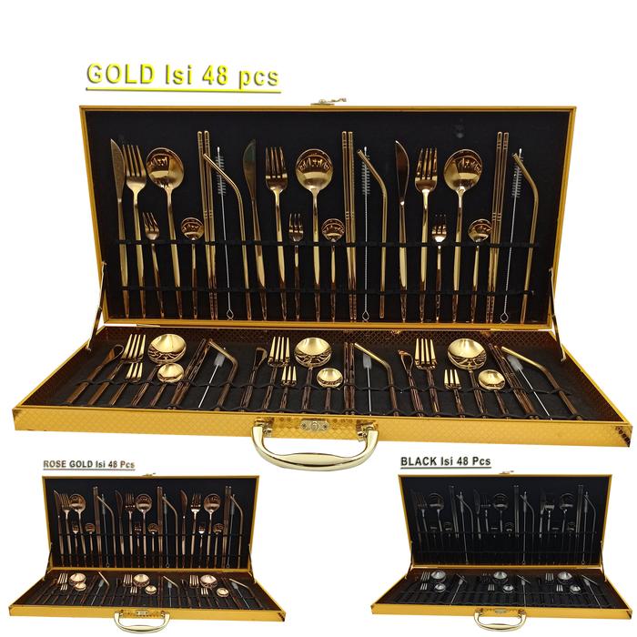 Gambar cutlery set stainless steel 48 pcs Sendok Makan set Portugal Korea Alat - Gold dari go2rich undefined Tokopedia