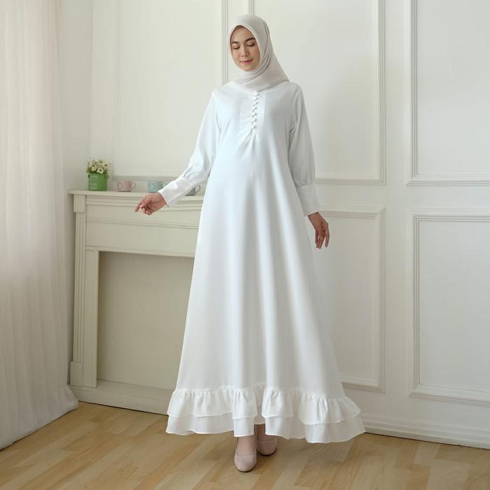 Gambar Modesee Gamis Ruffle Putih Polos Maid Cuff Muslimah Busui M1236-COD - Putih dari Modesee undefined Tokopedia
