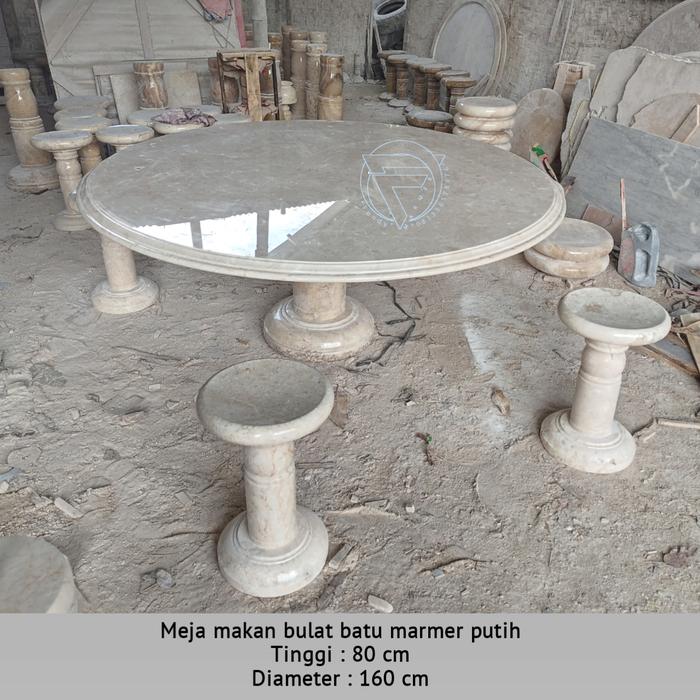 Jual Set meja makan bundar dan kursi solid marmer putih crem