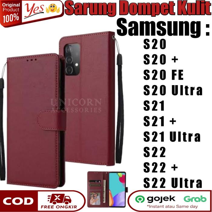 Case Samsung S22 Ultra S21 S20 FE Leather Flip Casing Dompet Kulit  Hitam Bidong, S22 Ultra