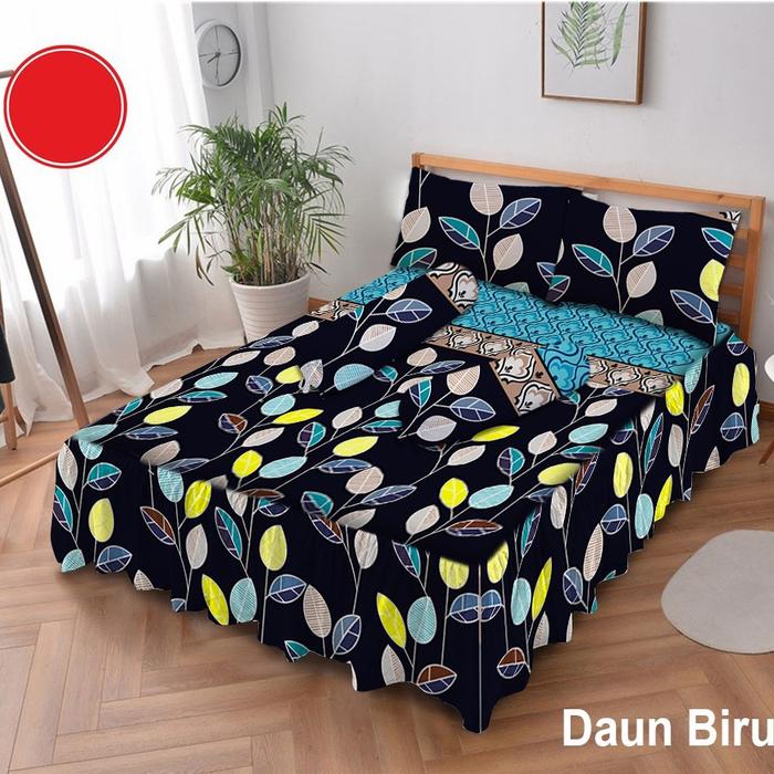 Gambar SPREI RUMBAI 180x200 NO 1 KING SIZE MOTIF AESTHETIC KOTAK KOREA EMILY - DAUN BIRU dari AlBarraStore01 undefined Tokopedia