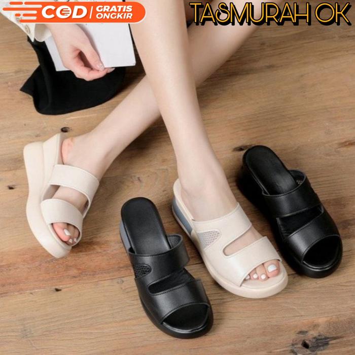 Jual SANDAL WEDGES LEATHER KULIT HALUS NYAMAN HAK TINGGI ANTISLIP